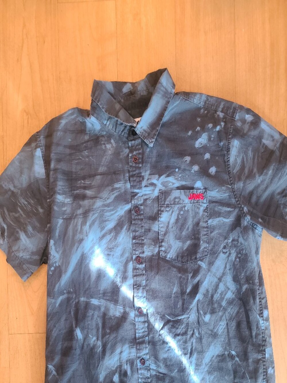 Dark Seas x Jaws Short Sleeve Button Up Shirt Mens XL Black Blue Water Tie Dye